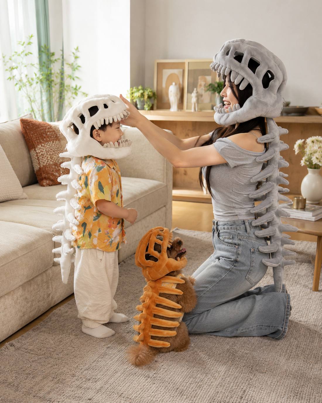 A family wearing Little Roar dinosaur plush costumes