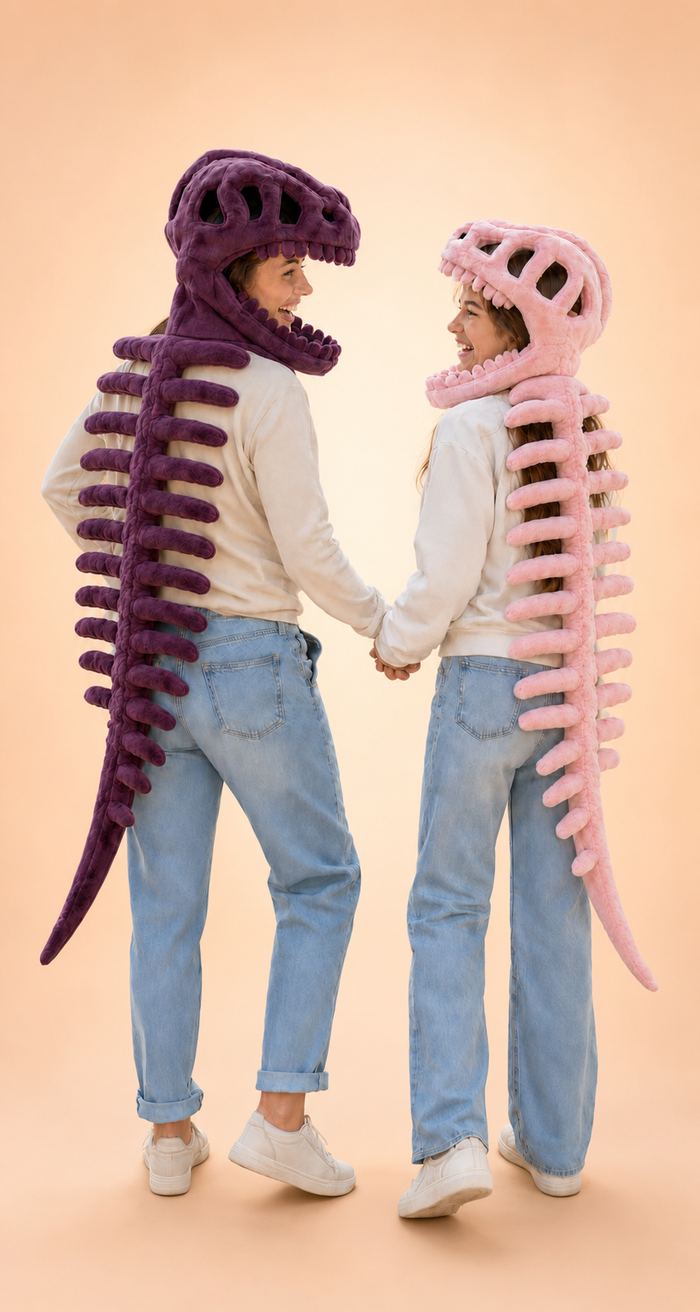 Two adults wearing Big Roar dinosaur plushes
